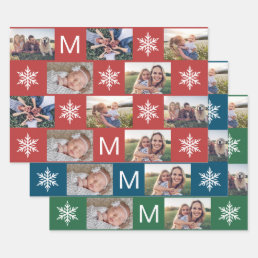 Holiday Snowflakes and Monogram Photo Collage Wrapping Paper Sheets