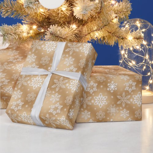 Holiday Snowflakes on Gold Wrapping Paper