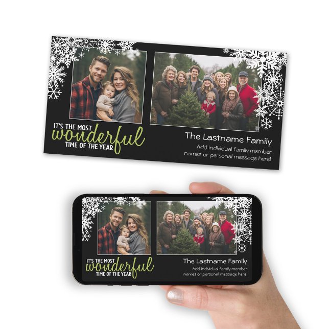 Holiday Snowflakes with 2 horizontal photos Card (A photo card with a Christmas theme. Add 2 photos and greeting. Download option available.)