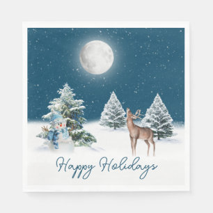 Holiday Snowman and Deer In Snowflakes Napkins