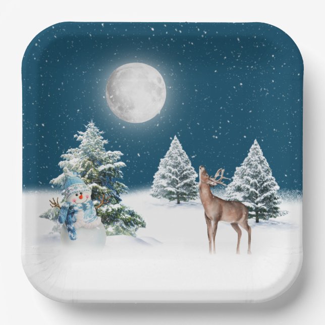 Holiday Snowman and Deer In Snowflakes Paper Plates (Front)