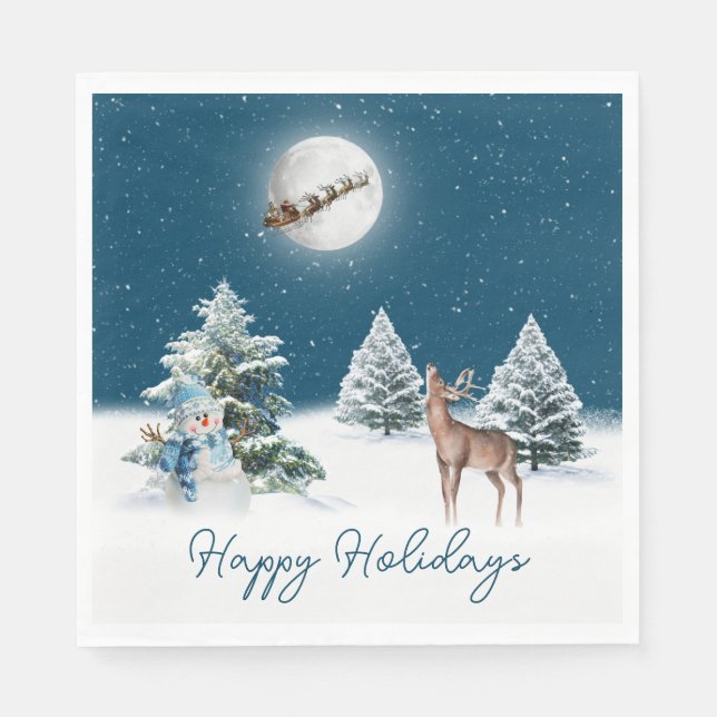 Holiday Snowman and Deer With Moon Napkins (Front)
