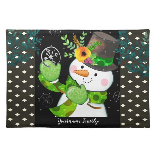 Holiday Snowman Custom Family Name Cloth Placemat