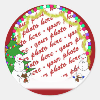 Holiday Snowman Family Photo Frame Classic Round Sticker
