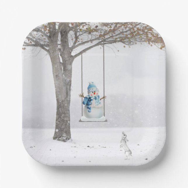 Holiday Snowman On Winter Swing  Paper Plates (Front)