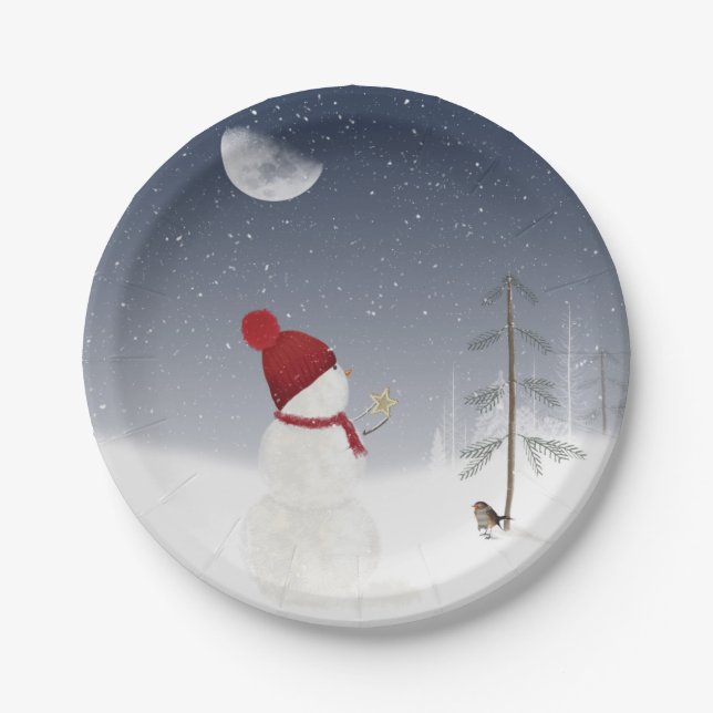 Holiday Snowman with gold star Paper Plates (Front)