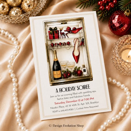 Holiday Soiree Fridge Champagne & Red Heels Invitation