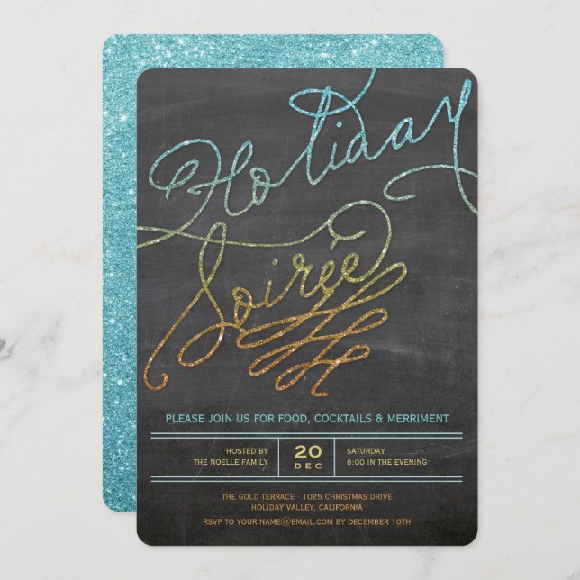 Holiday Soiree Glitter Chalkboard Party Invite (Front/Back)