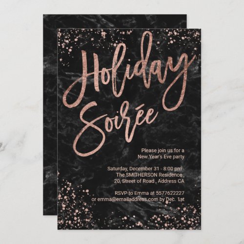 Holiday Soire script black marble New Years Eve Invitation