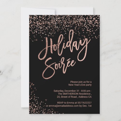 Holiday Soire script rose gold black New Year Invitation