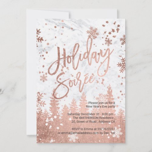 Holiday Soire script white marble New Years Eve Invitation