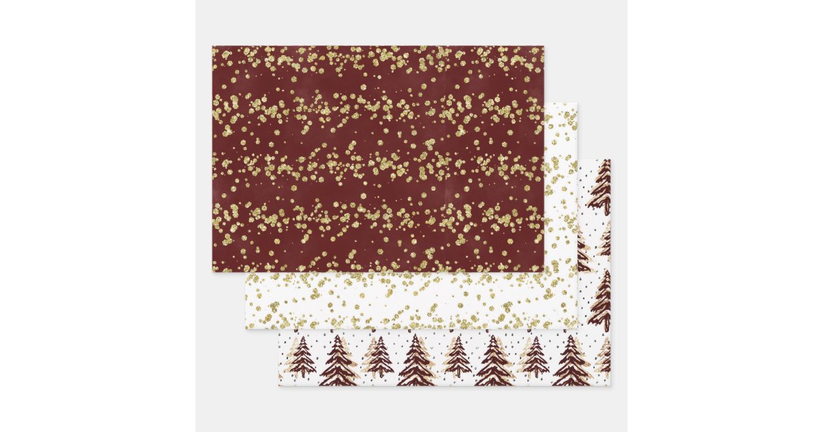 Elegant Christmas Gold Burgundy Kraft Wrapping Paper Sheets