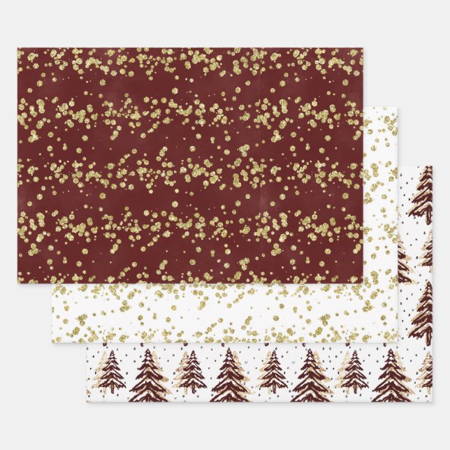 Holiday Sparkle - Elegant Burgundy, Gold, & White Wrapping Paper Sheets (Set)