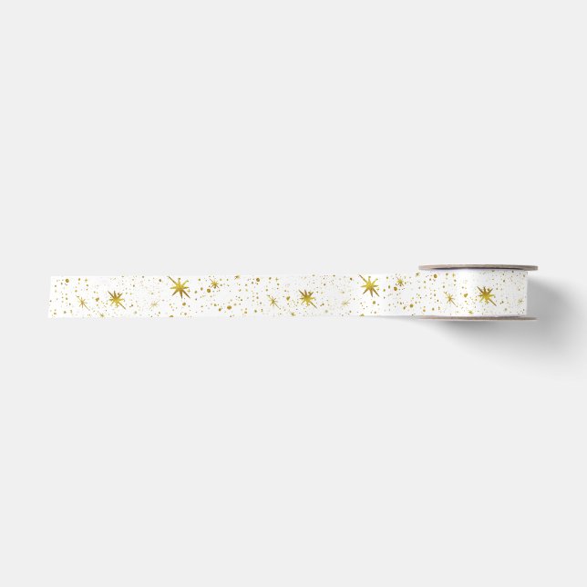 Holiday Sparkle - White and Gold Christmas Star Satin Ribbon (Front)