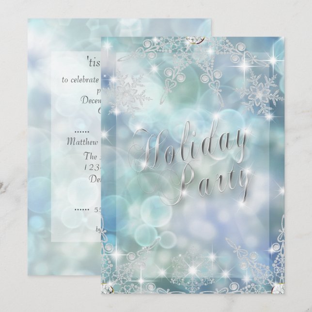 Holiday Sparkling Glitzy Snowflake Ice Blue Bokeh Invitation (Front/Back)