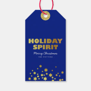 Holiday Spirit   Fun Christmas Blue & Gold  Gift Tags