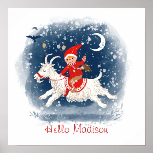 Holiday spirit fun goat ride in the snow nursery poster