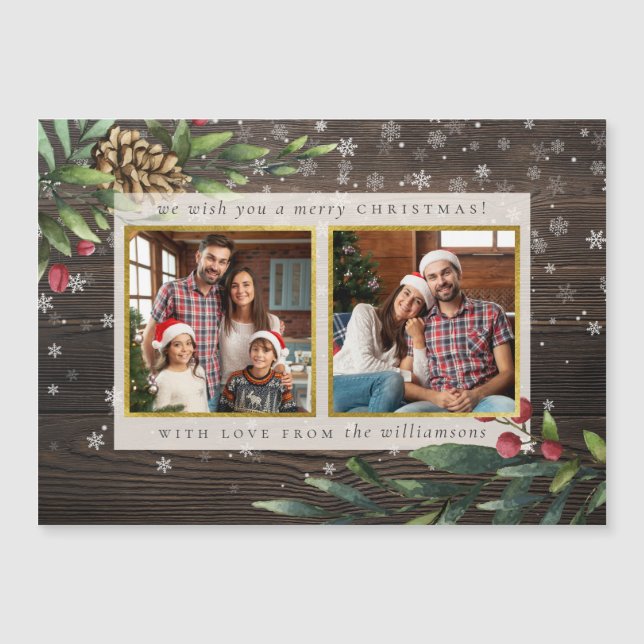 Holiday Sprigs Rustic Wood & Gold Christmas Photo (Front)