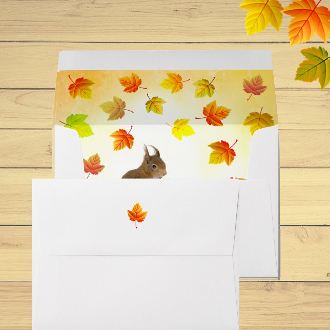 Holiday Squirrel & Fall Leaves on White Envelope (Creator Uploaded)