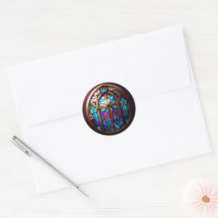 Holiday Stained Glass Cross Round Sticker