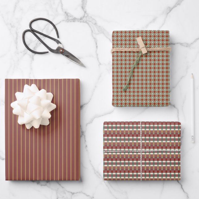 Holiday stripes + geometrics in traditional colors wrapping paper sheets (Front)