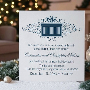 Holiday Swirls Present Christmas Party, Blue Invitation