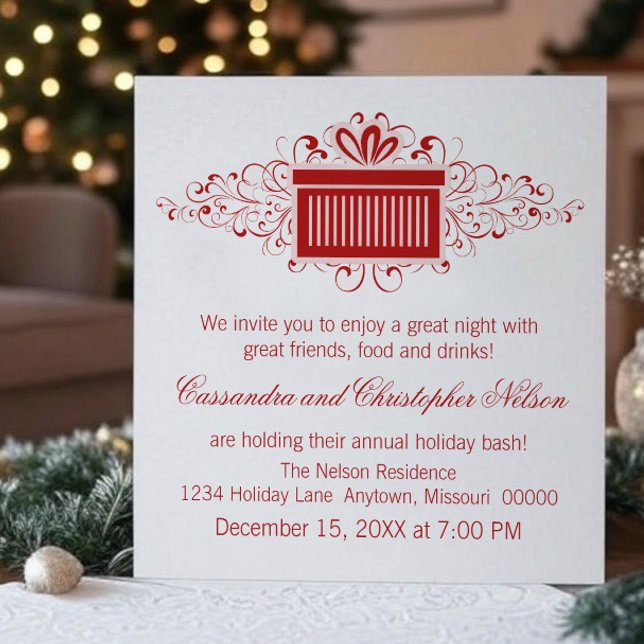 Holiday Swirls Present Christmas Party, Red Invitation (Red Holiday Swirls Present Christmas Party Invitation)