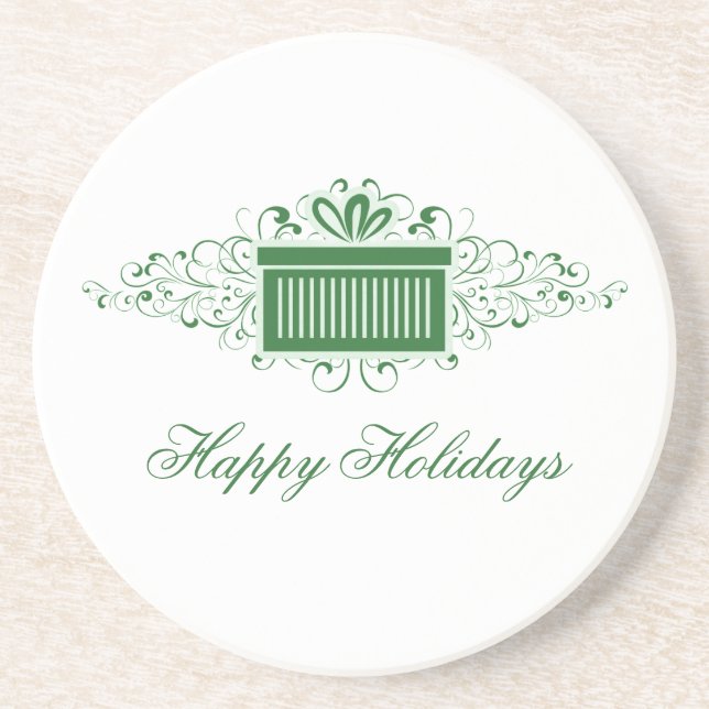 Holiday Swirls Present Coaster, Green Sandstone Coaster (Front)