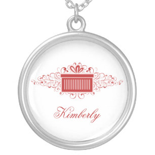 Holiday Swirls Present Necklace, Red Silver Plated Necklace