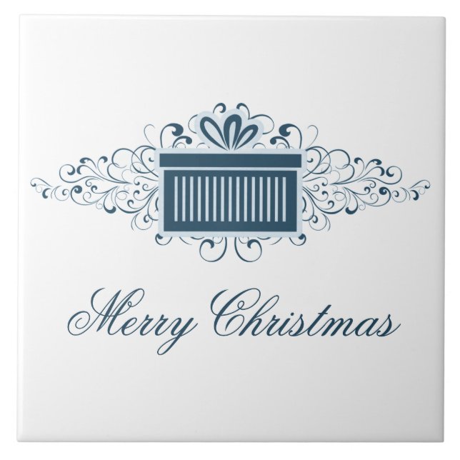 Holiday Swirls Present Tile, Blue Ceramic Tile (Front)