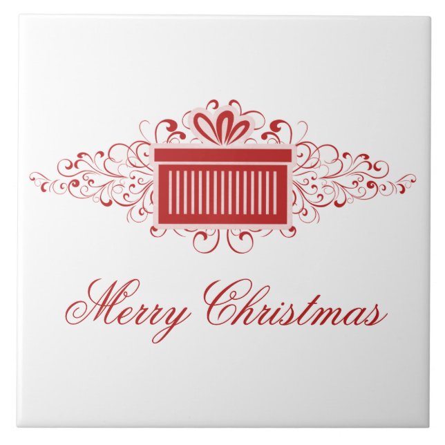 Holiday Swirls Present Tile, Red Ceramic Tile (Front)
