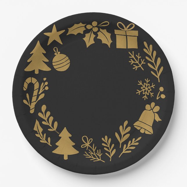 Holiday Table Decor Black Gold Classic Christmas  Paper Plates (Front)