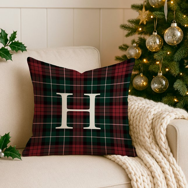 Holiday Tartan Monogram Throw Pillow (Creator Uploaded)