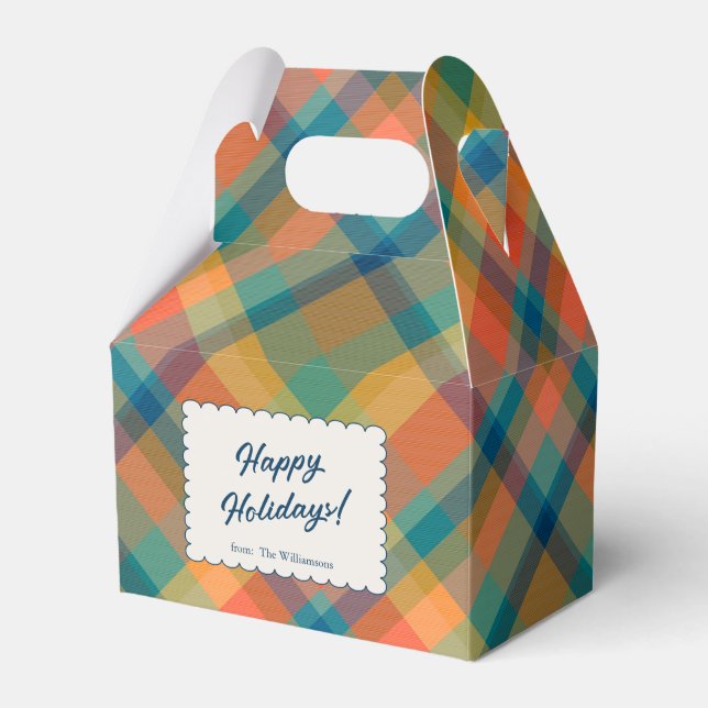 Holiday Tartan Plaid Festive Custom Name Christmas Favor Boxes (Front Side)