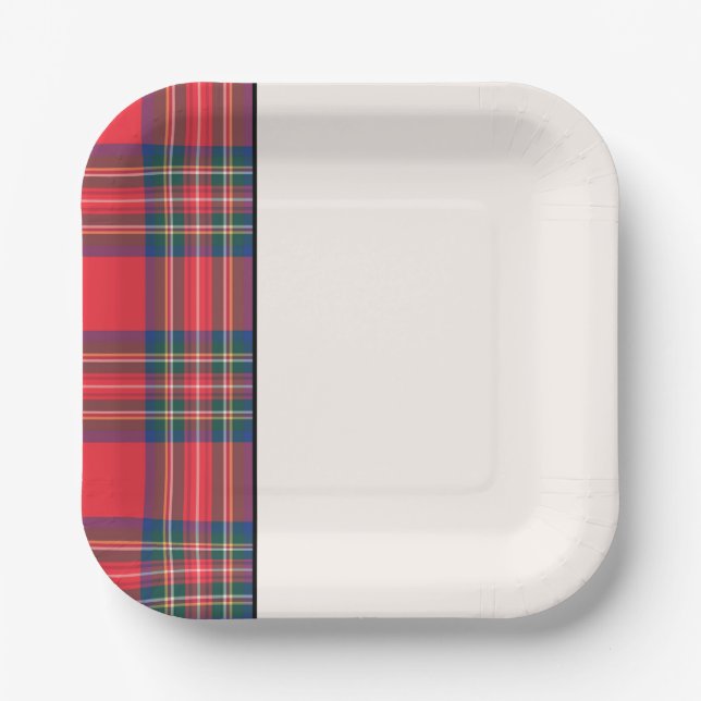 Holiday Tartan Plaid Festive Two Tone Red Black Paper Plates (Front)