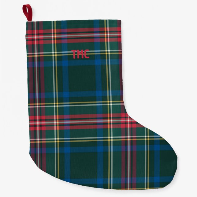 Holiday Tartan Plaid INITIALS Festive Classic Chic Large Christmas Stocking (Front)