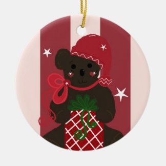 Holiday Teddy Bear on a Red Striped Background Ceramic Ornament