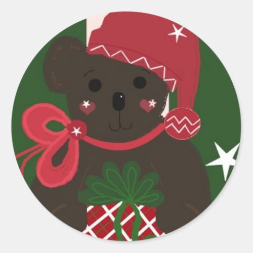 Holiday Teddy Bear on Green Background Classic Round Sticker