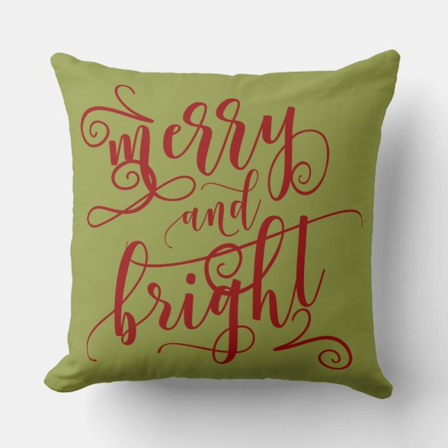 Holiday Text | Red and Green | Merry & Bright Throw Pillow (Front)
