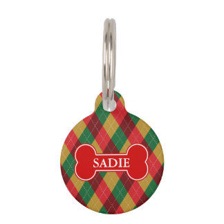Holiday Theme Argyle Pattern &amp; Bone And Pet's Info Pet ID Tag