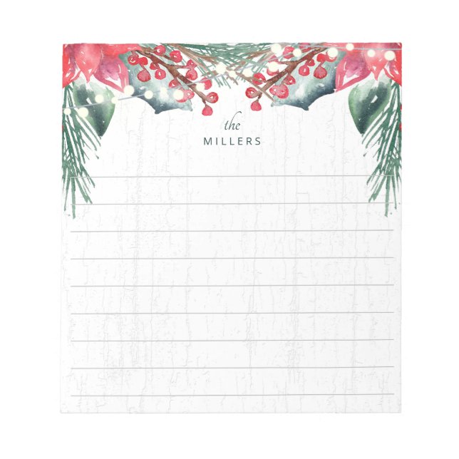 Holiday Themed Green Red Floral Personalized Lined Notepad (Front)