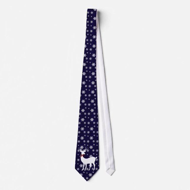 Holiday Tie, White Reindeer on Navy w/ Snowflakes Neck Tie (Front)