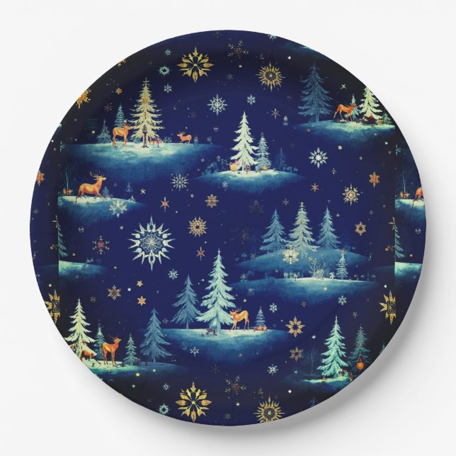 Holiday Toile, Trees Deer and Snowflakes  Paper Plates (Front)