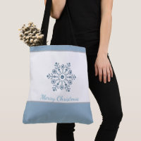 Holiday Tote Bag Blue Snowflake Merry Christmas