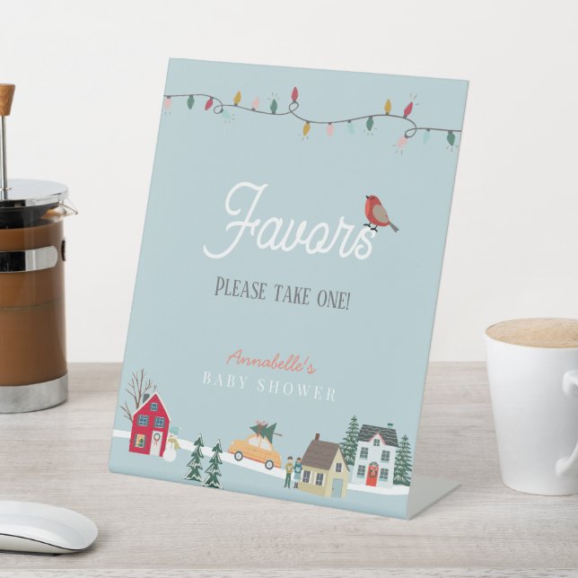 Holiday Town/Village Blue Baby Shower Favors Pedestal Sign (In SItu)