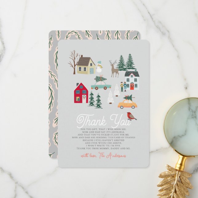 Holiday Town/Village Gray Baby Shower Thank You Card (Front/Back In Situ)