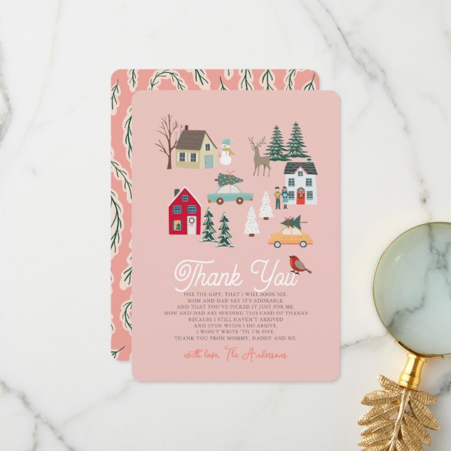 Holiday Town/Village Pink Baby Shower Thank You Card (Front/Back In Situ)