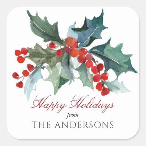 Holiday Traditions Watercolor Holly and Berries Square Sticker