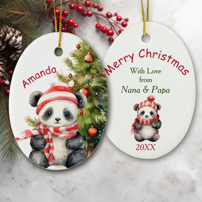Holiday Tree Panda Bear Granddaughter Ceramic Ornament (Creator Uploaded)