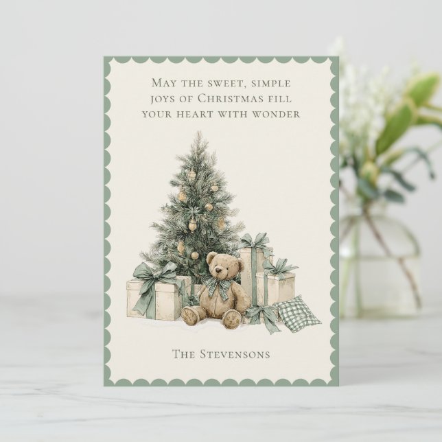 Holiday Tree Presents Teddy Bear Rustic Christmas Card (Standing Front)